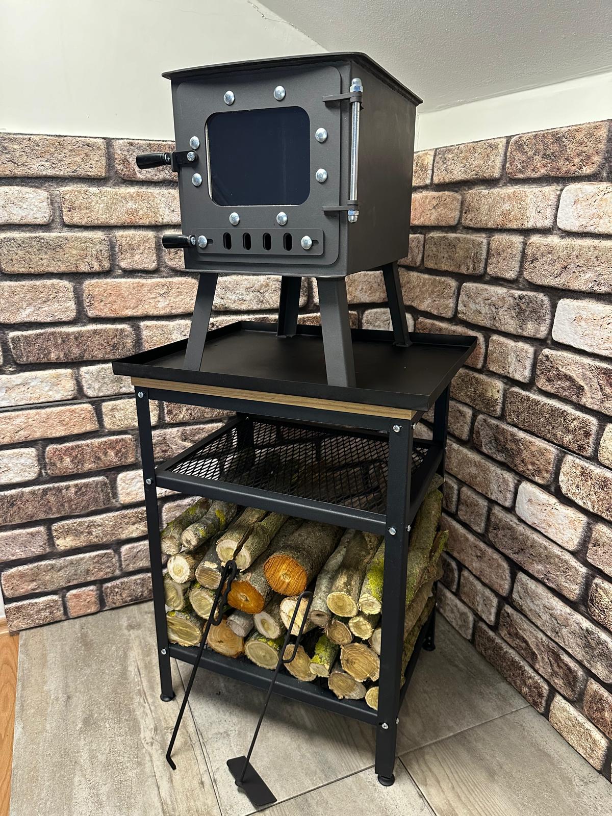 Tiny stove stand table and wood holder