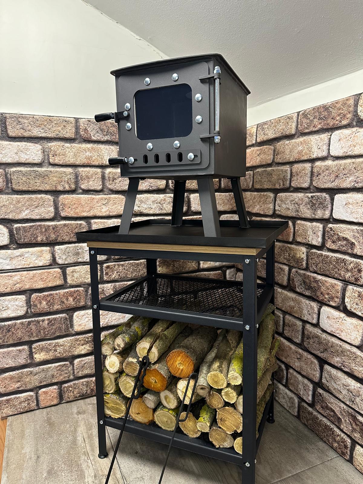 Tiny stove stand table and wood holder