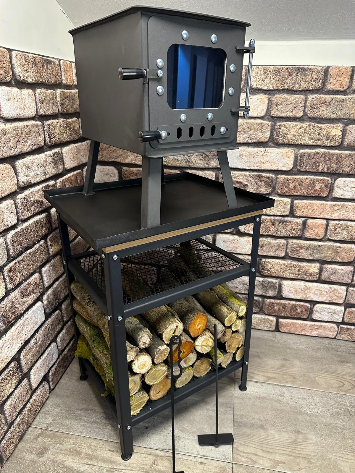 Tiny stove stand table and wood holder