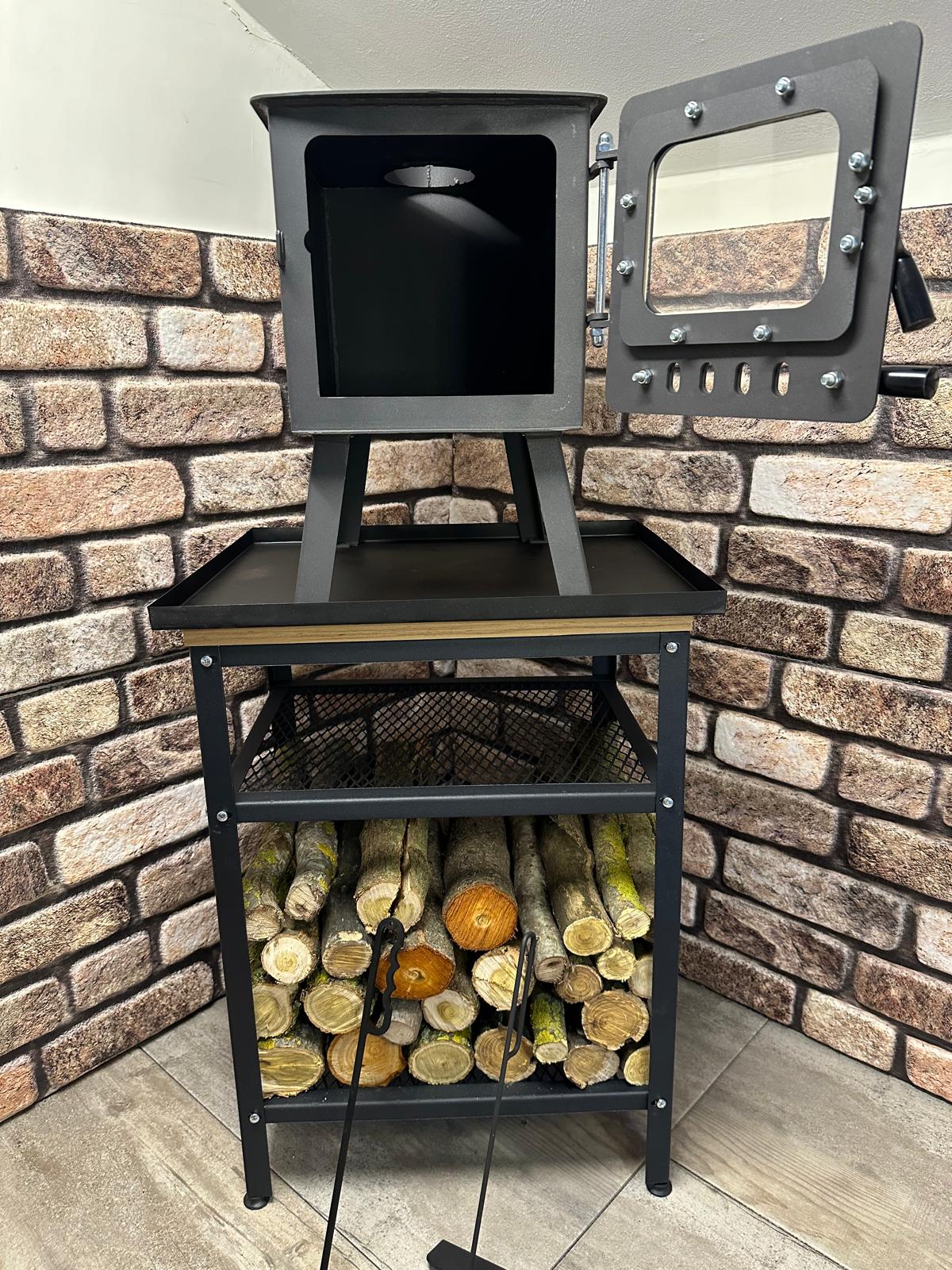 Tiny stove stand table and wood holder