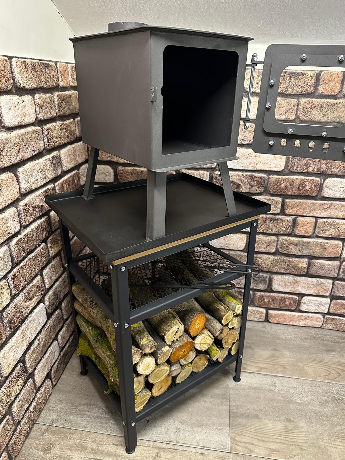 Tiny stove stand table and wood holder