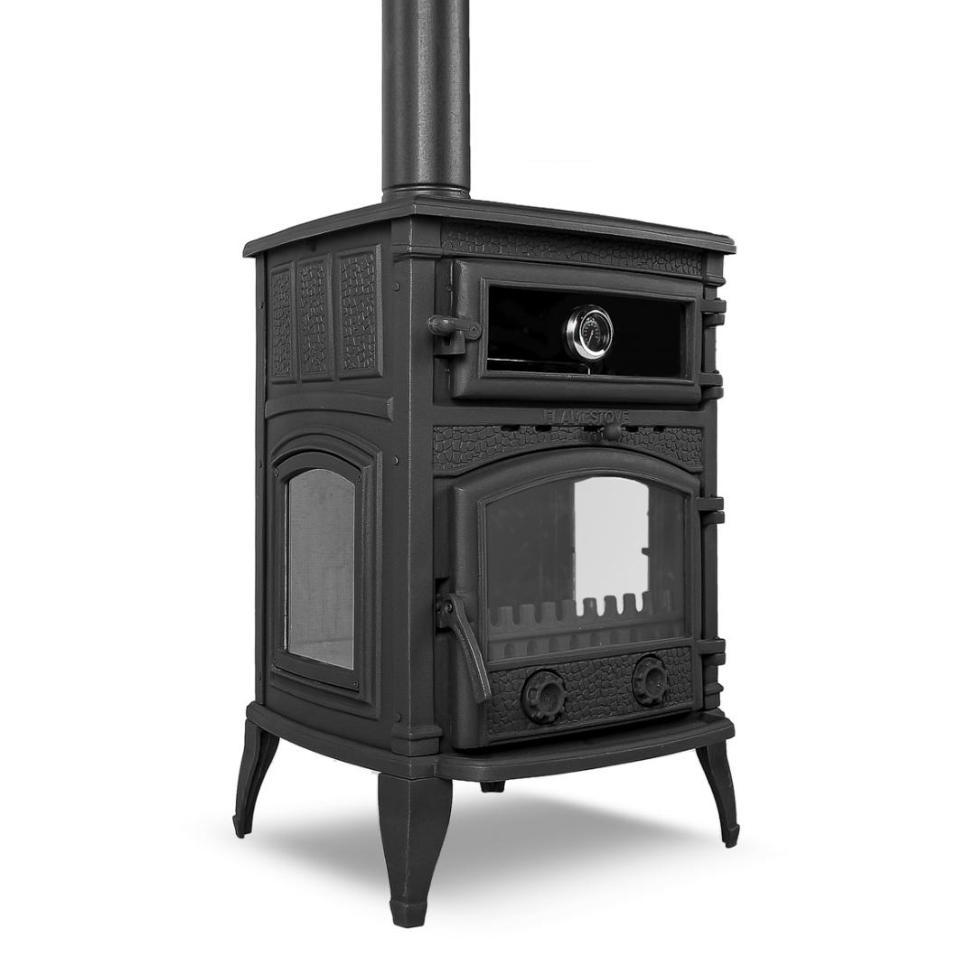 Cast iron stove with a side lid and glass oven