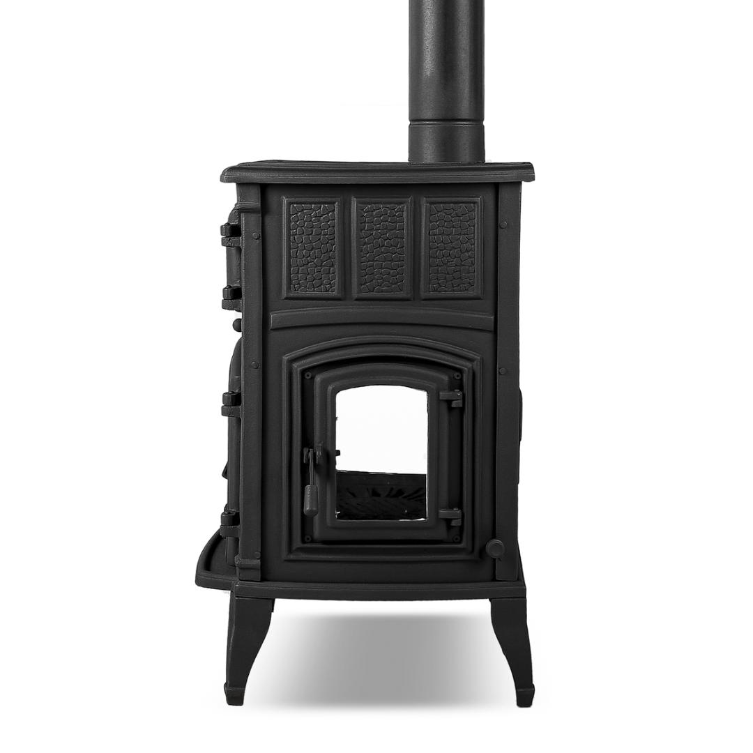 Cast iron stove with a side lid and glass oven