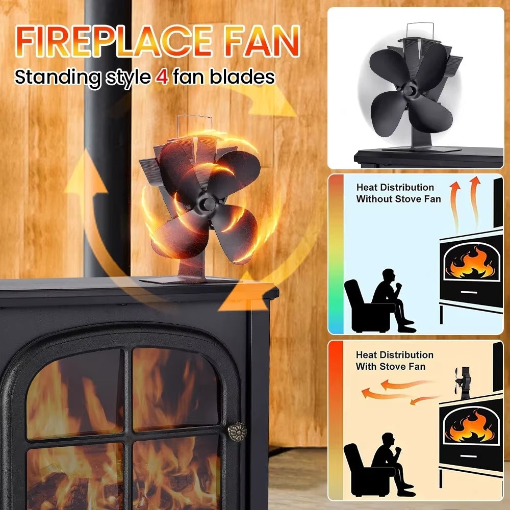 4 Blades Heat Powered Stove Fan for Wood/Log Burner/Fireplace