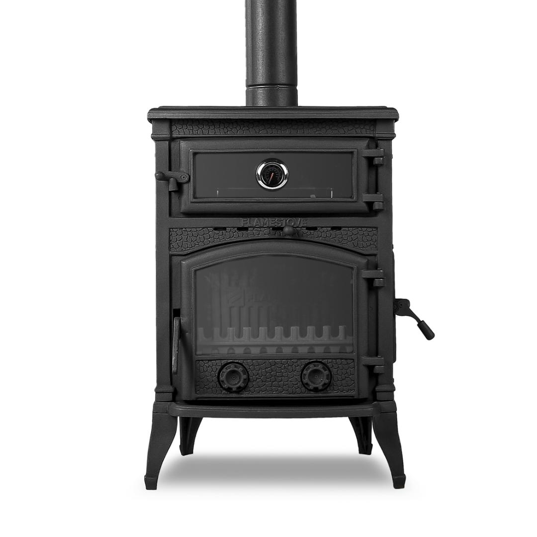 Cast iron stove with a side lid and glass oven