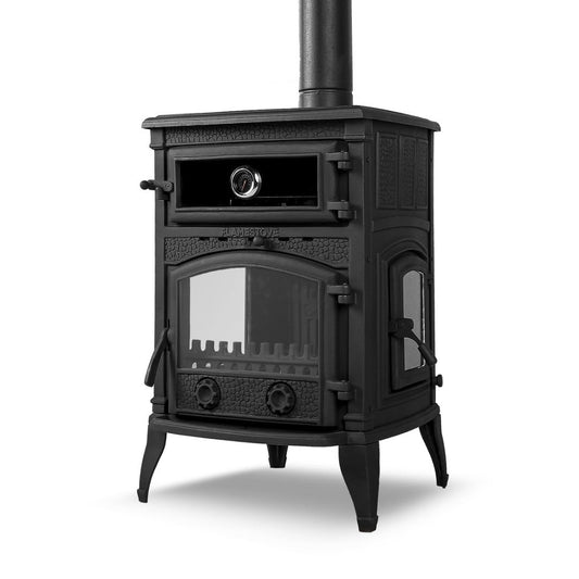 Cast iron stove with a side lid and glass oven