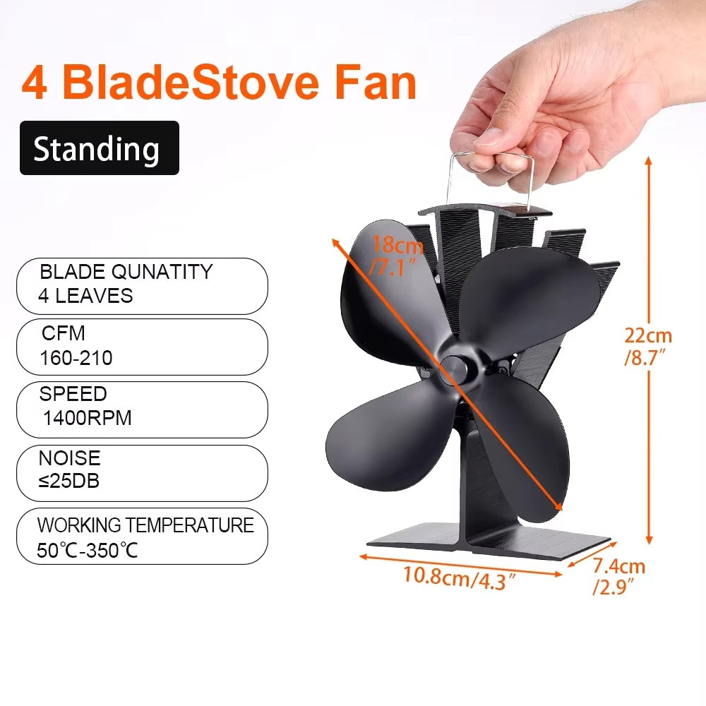 4 Blades Heat Powered Stove Fan for Wood/Log Burner/Fireplace